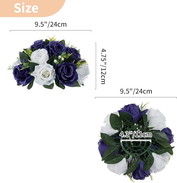NUPTIO Artificial Flower Centrepieces for Tables - 2 Pcs 9.5in Diameter Navy Blue & White Fake Flowers Roses Balls - Silk Faux Rose Arrangement for Wedding Party Centerpiece Table Decorations