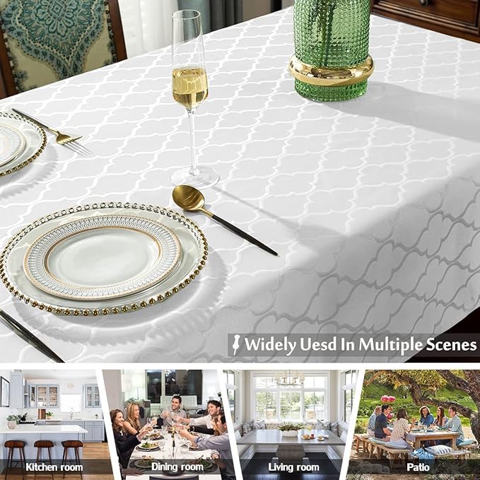 SASTYBALE Jacquard Tablecloth Rectangle Damask Pattern Table Cloth Spillproof Wrinkle Resistant Polyester Table Cover for Indoor and Outdoor Use (Rectangle/Oblong, 60" x 120" (10-12 Seats), White)