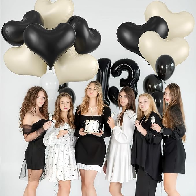Black Cream White Heart Balloons,24Inch Large Heart Foil Balloons for Valentine's Day Birthday Wedding Baby Shower Anniversary Party Decorations
