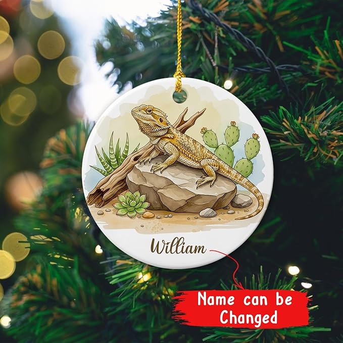 Personalized Bearded Dragon Ceramic Ornament, Reptile Animal Keepsake Gift for Men Women Lizard Lovers, Custom Pet Bearded Dragon Christmas Ornament with Name, Novelty Lizard Xmas Tree Decoration