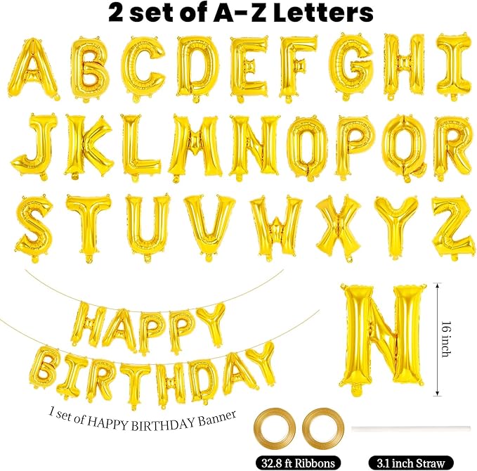 65 Pcs Gold Happy Birthday Balloons and 2 Sets A-Z Letters Foil Balloons, 16 Inch Personalized Name Happy Birthday Banners for Wedding Baby Shower Anniversary Party Decorations (Gold)