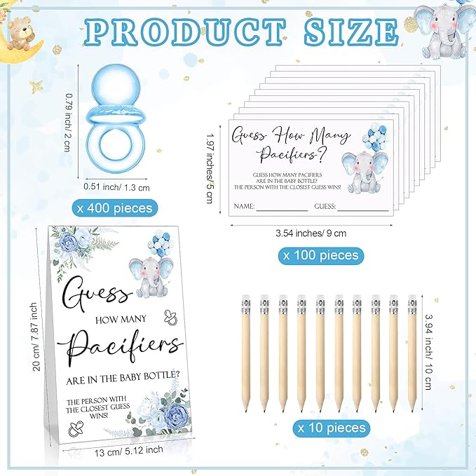 Roowest 512 Pcs Baby Shower Games Guess How Many Pacifiers Sign 100 Small Guessing Games 10 HB Pencils 750ml Milk Bottle 400 Acrylic Pacifiers Decoration for Guest Gender Reveal(Blue,Elephant)