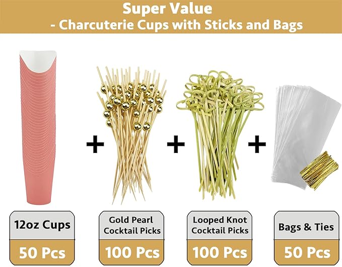 CAMKYDE 50 Sets Disposable Charcuterie Cups with Sticks and Bags, 12 oz Pink Paper Snack Appetizers Cup French Fry Holder with Cocktail Picks Toothpicks (50 Cups+50 Bags+200 Sticks)