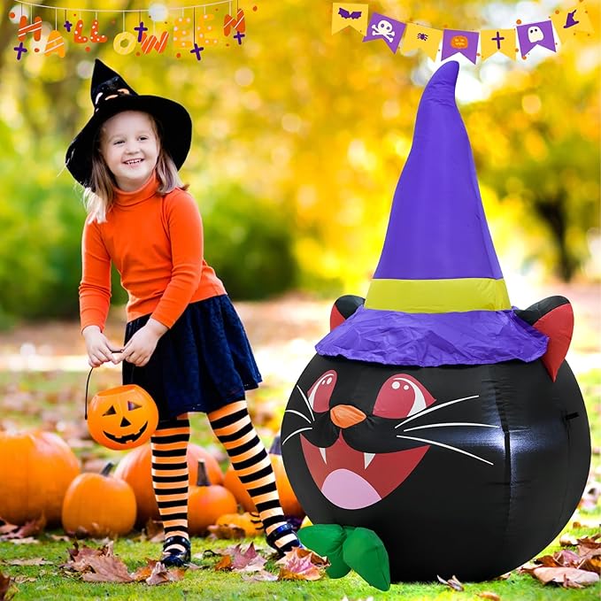 4FT Cat Head Halloween Inflatable Decoration Halloween Parties Holiday Decor Blow Up Decorations with LED Lights Indoor Outdoor Yard Graden Decor