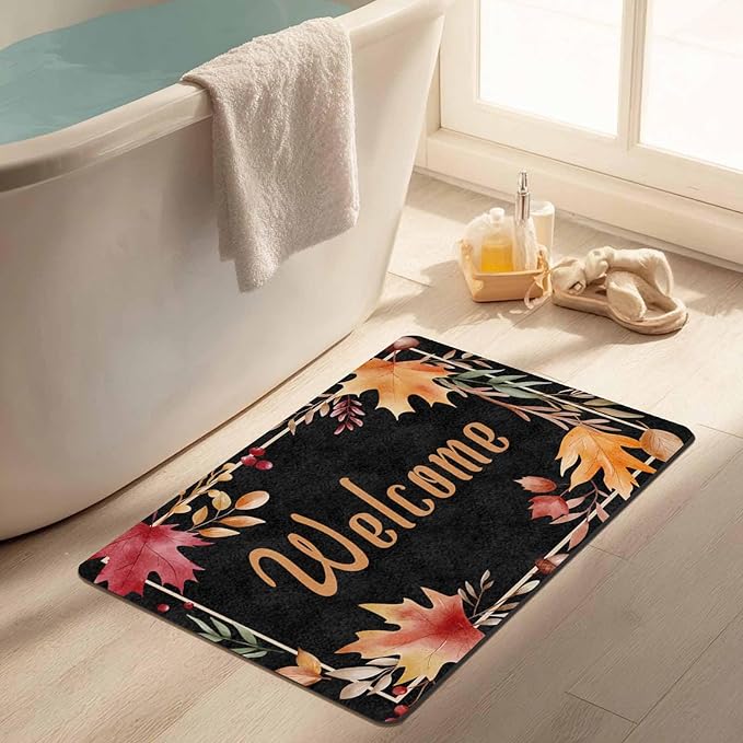 Fall Welcome Maple Leafs Decorative Door Mat, Autumn Thanksgiving Doormat for Indoor Outdoor Entrance Floor Mats,Fall Pumpkins Non Slip Harvest Vintage Decor Rubber Welcome Mats 16" x 24" Inch