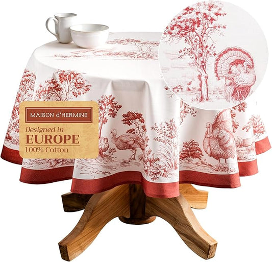 Maison d' Hermine Table Cloth Round Table 100% Cotton 63 Inches Fall Tablecloth Reusable Everyday Use for Thanksgiving Christmas Decorations Dining Farmhouse Party (Holy Jouy - Red)
