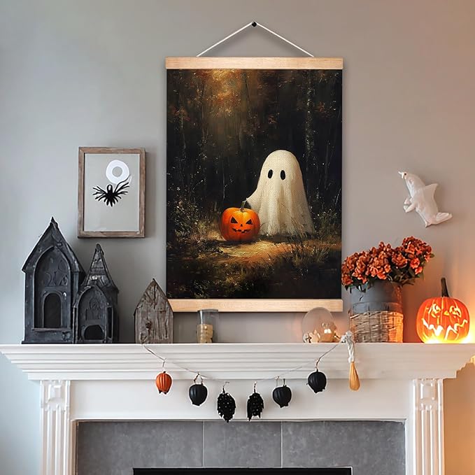Rustic Halloween Ghost and Pumpkin Wall Art 18.5x14 Inch, Vintage Farmhouse Linen Canvas Wall Hanging Poster , Halloween Home Decor, Retro Gothic Haunted House Theme Wall Poster for Living Room Bedroom(BLK09)