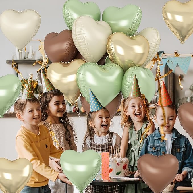 Green Gold Brown Heart Balloons, 12Pcs Retro Green Pastel Gold Beige Coffee Heart Shape Foil Balloons Olive Neutral Tan Cream Balloon for Boho Woodland Birthday Camo Army Hunting Baby Shower