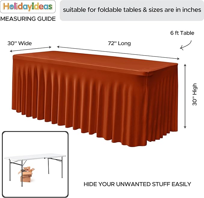 HolidayIdeas 2 Pack Spandex Table Skirts for 6 Foot Rectangle Table, Fitted Stretch 30x72 Inch Cover for Thanksgiving Decorations, Vendor Events, Rust