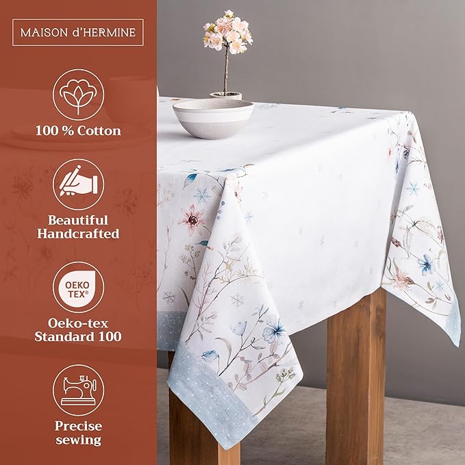 Maison d' Hermine Table Cloth Rectangle Table 100% Cotton 54 x 72 Inches Fall Tablecloth Reusable Everyday Use for Thanksgiving Christmas Decorations Dining Farmhouse Party (Ice Florals)