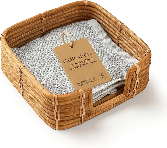 Square Rattan Napkin Holder for Bathroom, Made in Indonesia, 7.5"x7.5" Handwoven Guest Towel Tray for Disposable Paper Napkins, Eco-Friendly Basket for Countertop & Vanity, All Natural Rattan (Honey)