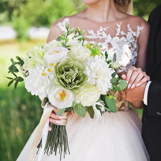 AmyHomie Green White Artificial Flowers Combo Silk Mix Peony Rose Fake Flowers w/Stem for DIY Wedding Bouquets Centerpieces Arrangements Table Fall Decor Party Bridal Baby Shower Home Decorations