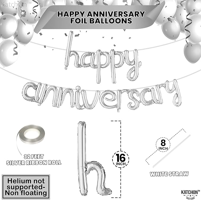 KatchOn Happy Anniversary Balloons - 16 Inch Silver | Banner for Decorations | Cursive Balloon for Party Decorations