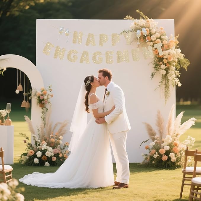 Engagement Party Decorations, Pre-Strung Happy Engagement Banner, Glitter Just Engaged Banner with Glass, Couples Shower Decorations For Happy Wedding Reception Sighs Photo Props Backdrop