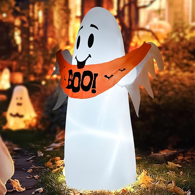 4FT White Ghost Holding a Boo Banner Halloween Inflatable Decoration Blow up Decor with LED Lights Indoor Outdoor Yard Graden Party Holiday Decor
