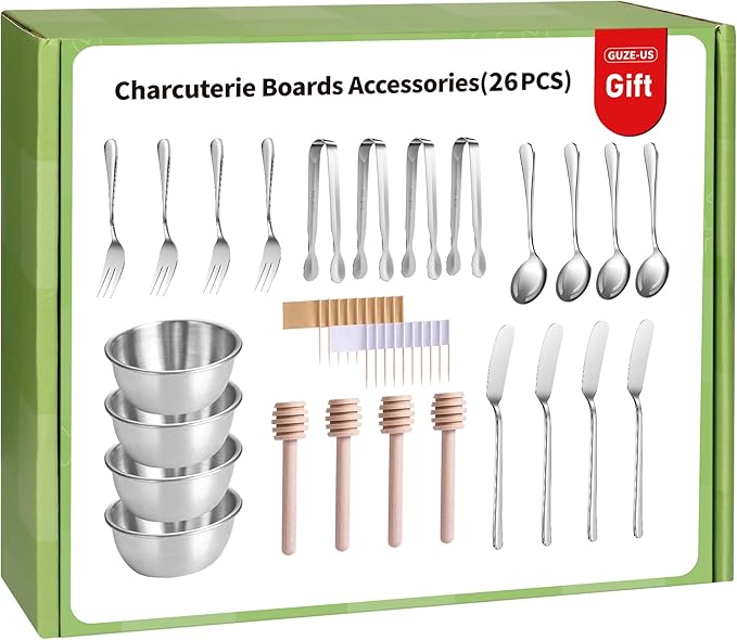 Charcuterie Boards Accessories, Charcuterie Utensils, Stainless Steel Spreader Knives Forks Spoons Mini Serving Tongs Small Dipping Bowls Toothpick Flags Utensils for Pastry Making
