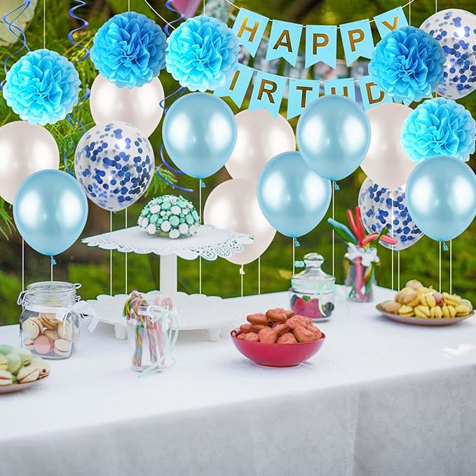 Blue White Birthday Party Decoration Kit - Happy Birthday Banner, Spiral Charm, Paper Flower Ball, Latex Balloons and Confetti for Boys' Party Supplies