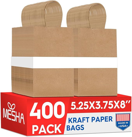 MESHA 400 Pack Kraft Brown Paper Bags with Handles Bulk 5.25X3.75X8 Inches, Brown Small Gift Bags for Small Business,Birthday Wedding Party Favor, Paper Shopping