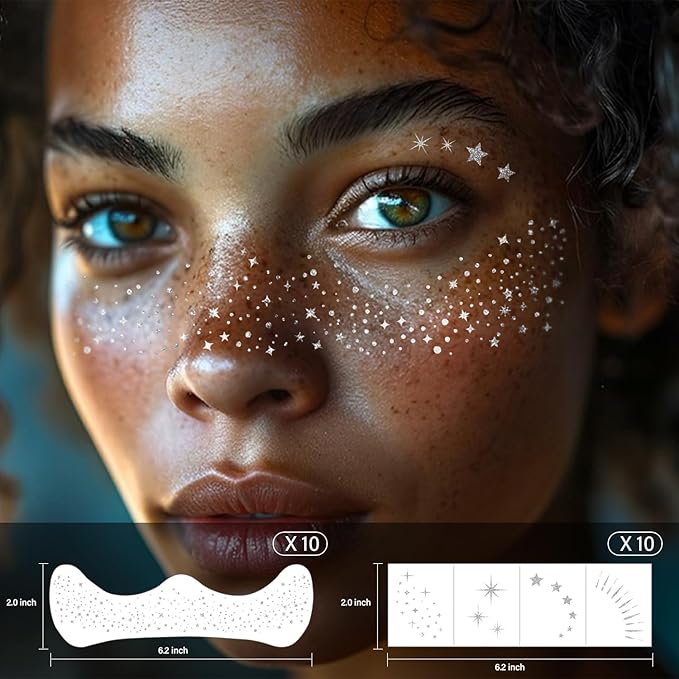 20 Pcs Silver Face Makeup Patches, Silver Glitter Freckles Face Tattoo, Easy Application Sparkle Makeup Freckles, Waterproof Glitter Temporary Tattoos for Women