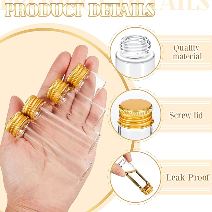 100 Pcs Small Clear Vials Spice Mini Jars with Lids Mini Glass Bottles with Screw Aluminum Metal Caps Tiny Jars Sample Containers for Powder Cream Cosmetic Jewelry Wedding (4 Size,Gold Caps)