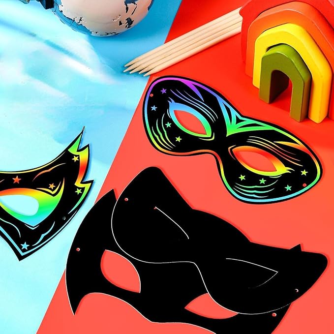 Deekin Mardi Gras Scratch Masks for Kids, Mardi Gras Crafts Rainbow Hero DIY Masks Craft Kit for Dress up Party Favor