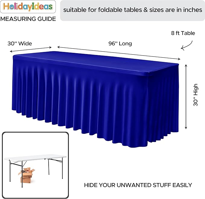 HolidayIdeas Royal Blue 8ft Rectangle Spandex Tablecloth 4 Pcs Fitted Stretch Table Skirts 30x96 Inch, Ruffle Design Wrinkle-Free Polyester Table Cover for Banquets,Trade Shows, Parties, Events