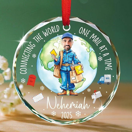 Personalized Photo Face Mailman Christmas Ornament 2025, Connecting The World One Mail at A Time Glass Ornament Gifts for Postal Worker, Custom Photo Name Mail Carrier Xmas Tree Hanging Ornaments