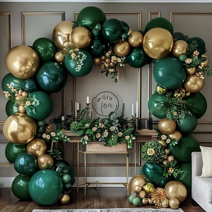 Emerald Green Gold Balloons Garland Double Stuffed Dark Green Gold Balloons Hunter Forest Metallic Arch Kit for Birthday Christmas New Year Baby Shower Jungle Party Decorations