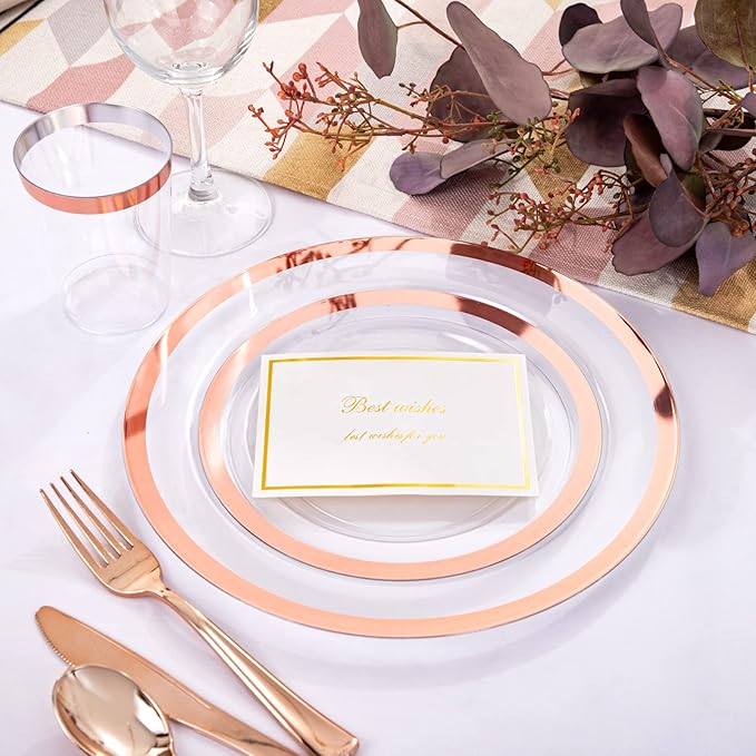 YOUBET 175PCS Rose Gold Plastic Plates - Clear Plastic Plates Disposable with Rose Gold Rim includes 50 Rose gold plates, 25Forks, 25Knives, 25Spoons, 25Cups, 25Napkins for Party & Wedding
