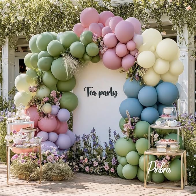 Blue Green Pink Balloon Garland Double Stuffed Sage Green Dusty Blue Pink Purple Lavender Balloons Pastel Balloon Arch Kit for Birthday Baby Shower Gender Reveal Fairy Tea Party Decorations