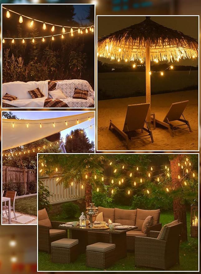 Ollny Outdoor String Lights 30FT, Shatterproof Connectable Patio Lights with 15+1 Spare ST38 Vintage Bulbs, 2200K Warm White Waterproof Outside Hanging Light for Camping Yard Gazebo Porch Balcony