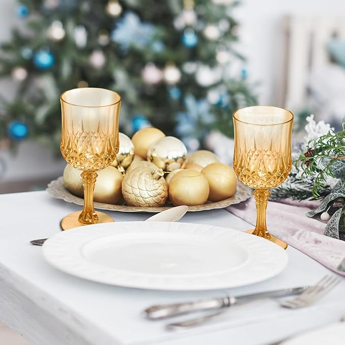 24 Pcs Plastic Amber Wine Drinking Glasses, Plastic Vintage Gold Champagne Vintage Wine Glasses, Unbreakable Goblets for Parties Wedding, Party, Red Wine Glass, Bars, Restaurants, 7Oz
