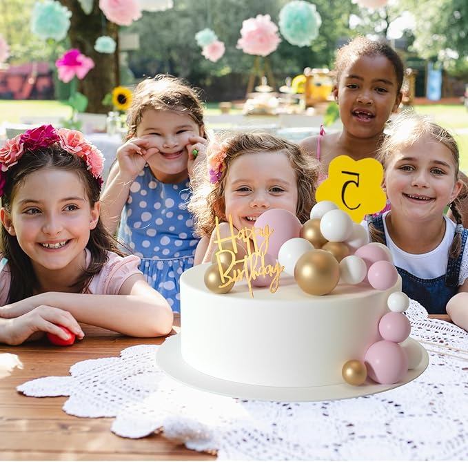 MIAHART Ball Cake Toppers Boho Grass Cake Topper Ball Cake Insert Decoration for Birthday Wedding Baby Shower Party Decorations Boho Themed Party Supplies (white，gold，pink)