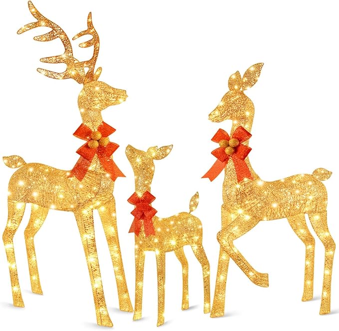 3-Piece Reindeer Outdoor Christmas Decoration, 5FT Large Lighted Christmas Deer Family Set, Outside Xmas Yard Lawn Decorations with 260 Bright LED Lights, Stakes, Zip Ties - Gold