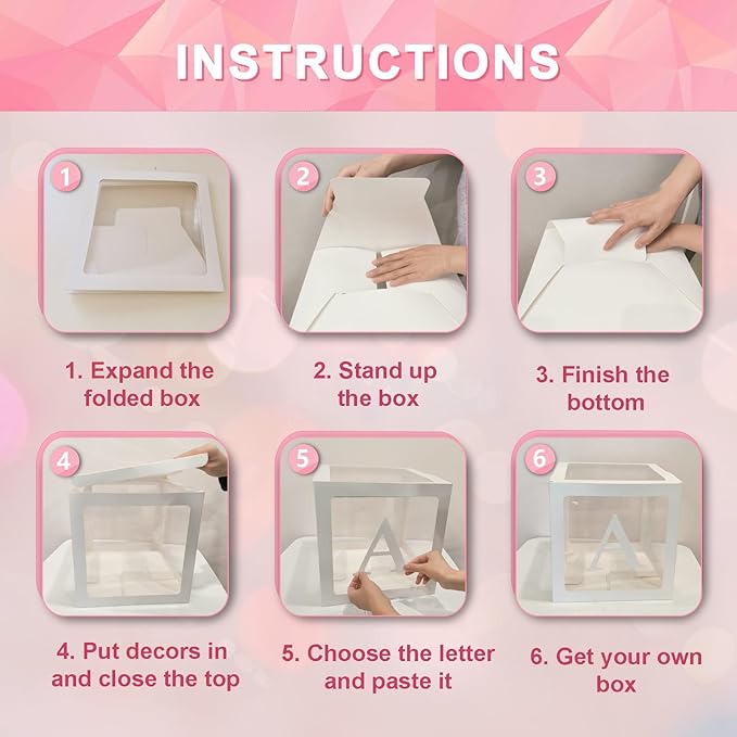 Ledido White Transparent Balloon Boxes With 78 Letters, 13.2" Big Name Boxes for Baby Shower Clear Baby Boxes for Gender Reveal, Birthday Wedding, Graduation Prom Party Decorations -6 PCS
