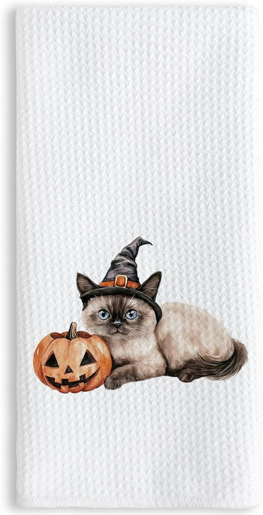 TNUW Halloween Witchy Siamese Cat Pumpkin Kitchen Towels 16x24 Inch, Siamese Cat Gifts Dish Tea Towels for Kitchen, Halloween Witch Kitten Spooky Pumpkin Decorative Hand Towel for Bathroom Decor