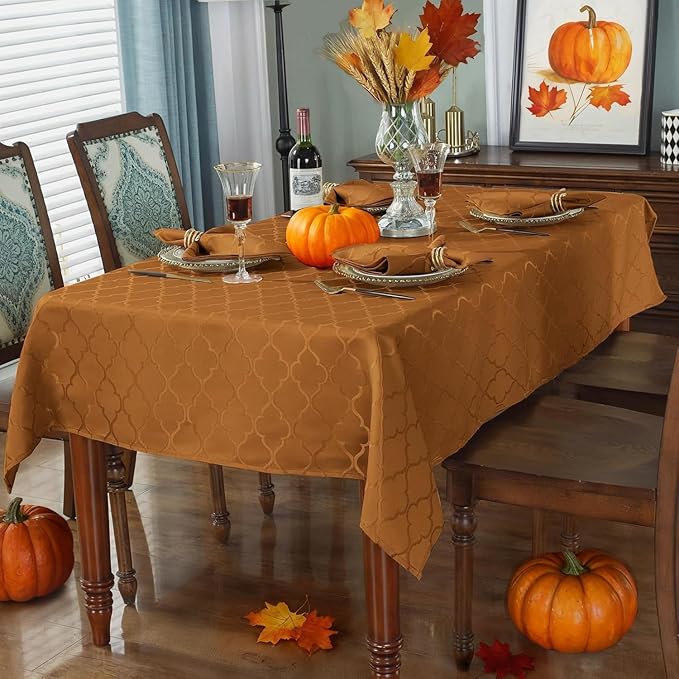SASTYBALE Jacquard Thanksgiving Tablecloth Polyester Table Cloth Spill Proof Dust-Proof Wrinkle Resistant Table Cover for Fall, Autumn, Harvest Decor (Rectangle/Oblong, 60" x 84" (6-8 Seats), Brown)