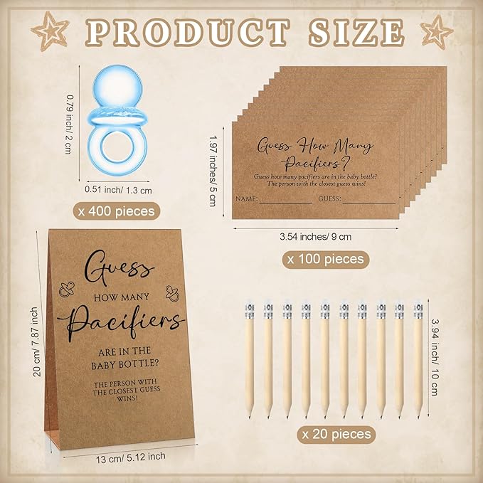 Roowest 512 Pcs Baby Shower Games Guess How Many Pacifiers Sign 100 Small Guessing Games 10 HB Pencils 750ml Milk Bottle 400 Acrylic Pacifiers Decoration for Guest Gender Reveal