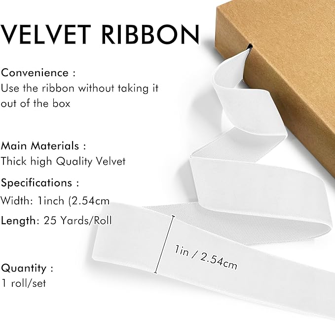 White Velvet Ribbon 1'' 25 Yards for Christmas Tree, Gift Wrapping, Flower Bouquet, Wreath Decorations, Bow Making