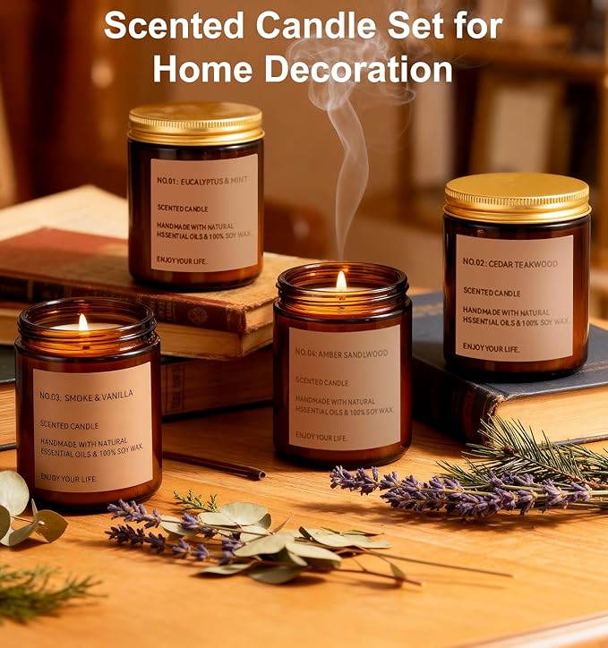 Scented Candle Gift Set, 4 Pack 25oz Soy Wax Candles, Long Lasting Aromatherapy Candles for Home Scented, Ideal Gift for Women – Eucalyptus Mint, Cedar Sandalwood, Smoked Vanilla, Amber Sandalwood