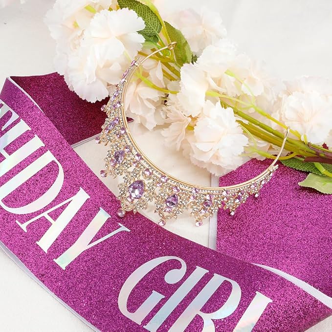 Birthday Crown Headband and Tiara - Adult Purple Crystal Crown with Sash