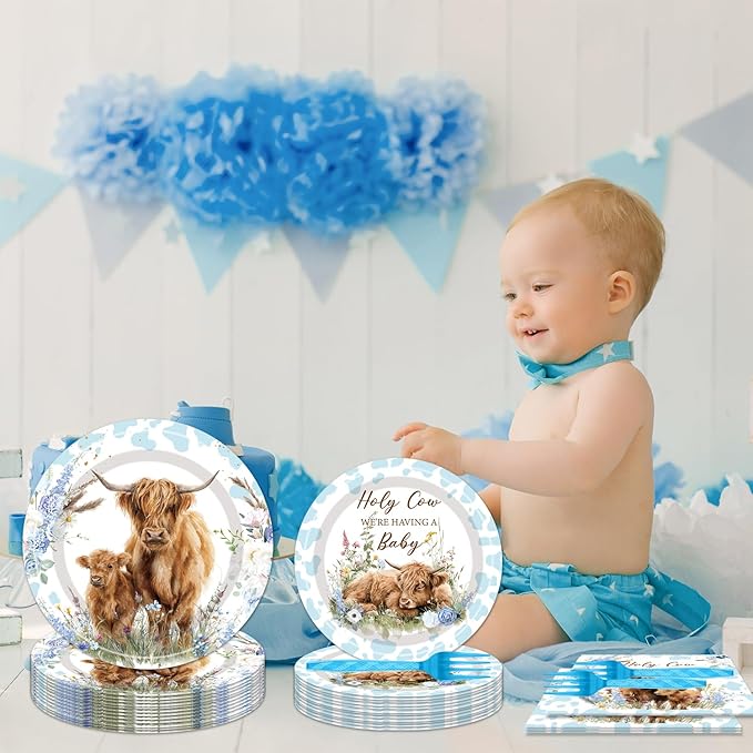 96Pcs Highland Cow Baby Shower Decorations Disposable Tableware Set - Holy Cow Highland Paper Plates Napkins Forks Blue Boho Highland Theme Baby Shower Birthday Party Supplies Serve 24 Guests