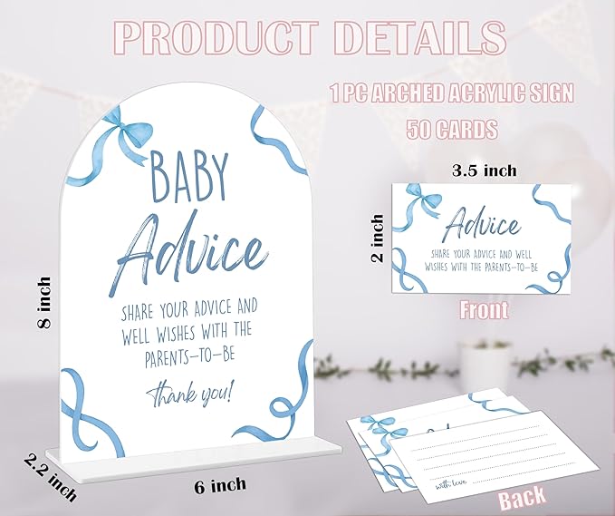 Baby Shower Games - Blue Bow Baby Shower Advice for Parents To Be, 1 Arch Acrylic Sign and 50 Advice Cards, Gender Reveal Game, Blue Baby Shower Decoration Supplies (BN02)