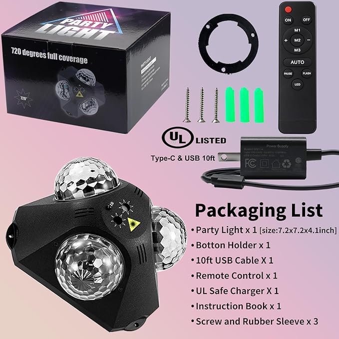 Disco Ball Party Lights Indoor Outdoor, Dj Lights Disco Ball Decor Party Strobe Light for Parties 3 Disco Balls Sound Activated with Remote Control Disco Light for Christams Halloween KTV Club Party