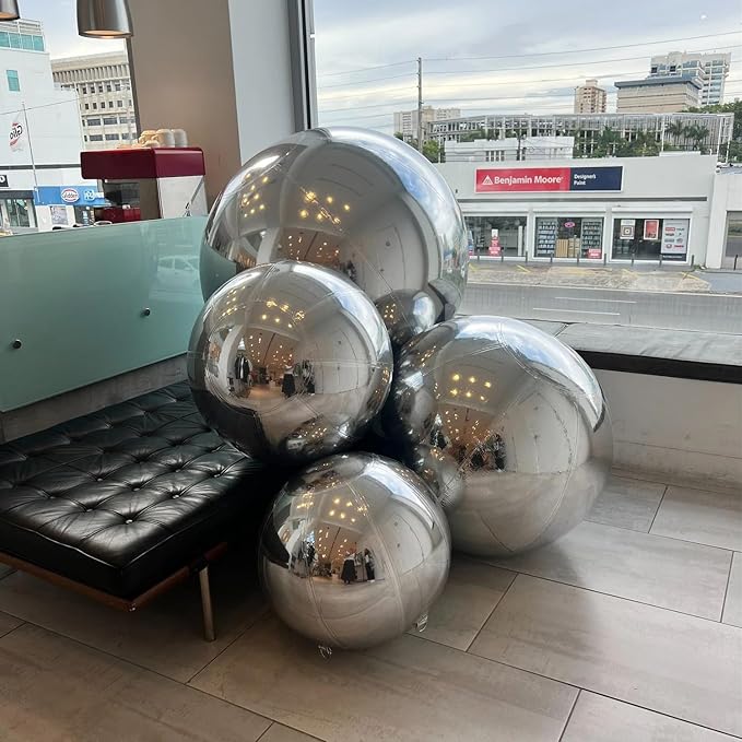 Inflatable Mirror Ball,Silver & Gold & Iridescent Giant Mirror Balloon,Big Shinny Balls,Reusable PVC Hanging Disco Sphere For Party & Wedding & Event Decoration (Silver, 60in 4.9ft 1.5m)