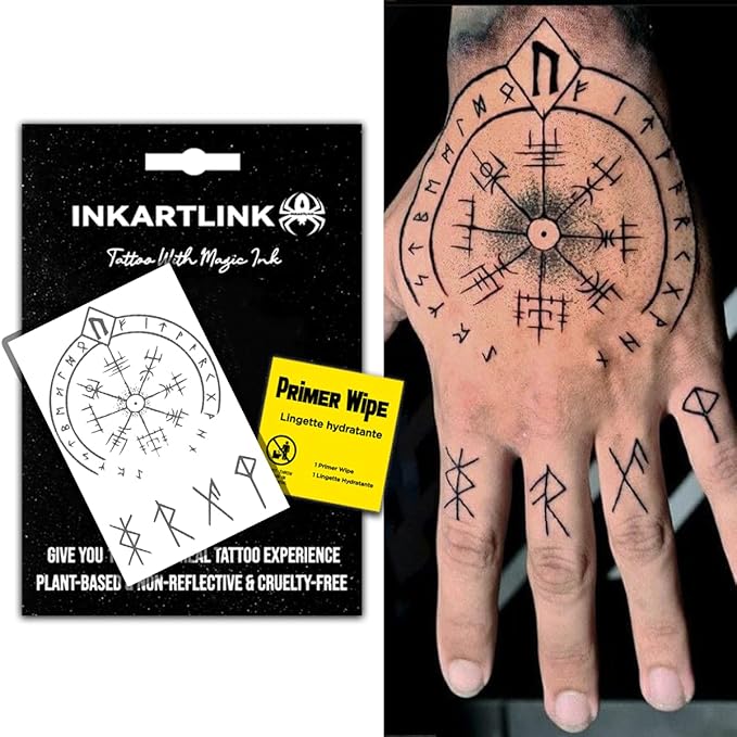 INKARTLINK Semi-permanent Tattoo, Fake Palm Tattoo, Suitable for Men and Women, Realistic, Waterproof and Cruelty-free (Viking Symbol Compass)