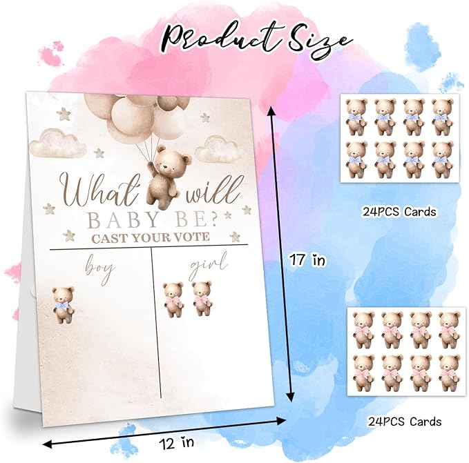 LNOKRIM Gender Reveal Party Games, Teddy Theme Baby Gender Reveal Voting Board Sign, 48 Boys Girls Teddy Voting Stickers, He or She, Baby Gender Reveal Party Decorations Games for Boy or Girl Shower