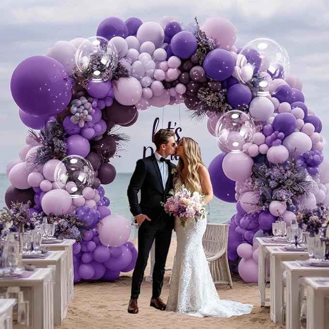 Purple Balloon Arch Garland Kit With Clear Balloons, Double Stuffed Lavender Purple Lilac Balloons for Birthday Wedding Butterfly Baby Shower Fairy Floral Flower Party Decorations