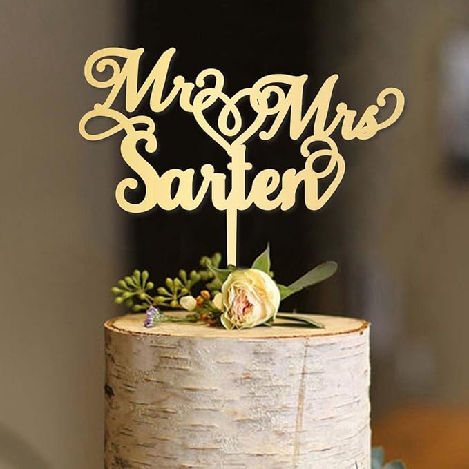 Wedding Cake Topper Personalised Mr and Mrs Calligraphy Custom Cake Topper Surname Gold Acrylic Customized Monogram Cake Toppers Silver, Black, White, Red, Blue, Rustic Party Cake Supplies, Made USA