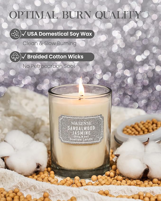 M&SENSE Sandalwood Jasmine Scented Candles, Classic Size 8.8 oz Glitter Jar Candle, Holiday Natural Candles Gifts for Women, 50 Hours Long Burning Candle for Winter Home Decor
